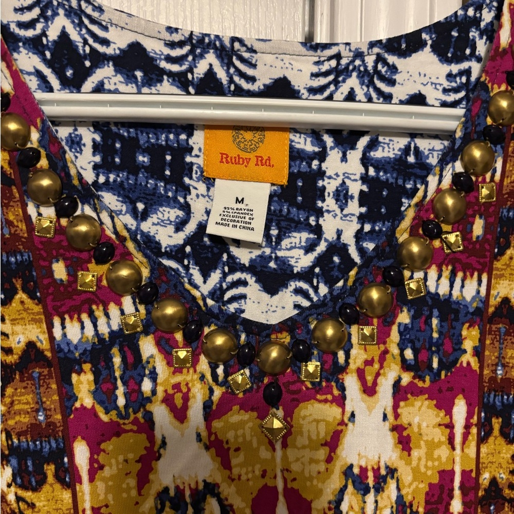 Ruby Rd. Navy, Yellow & Burgundy Patterned V-Neck Tunic Size Medium - Picture 2 of 5